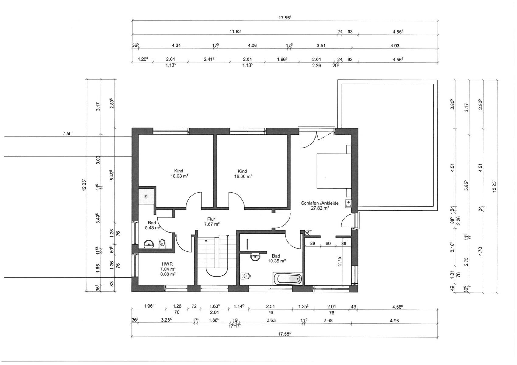 Floor plan: Two children’s bedrooms, sleeping/walk-in closet, hallway, two bathrooms, utility room, stairwell, terrace.