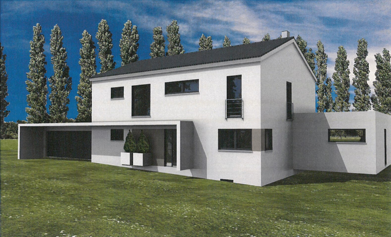 Modern white detached house facade with carport, large windows, and row of trees in the greenery.