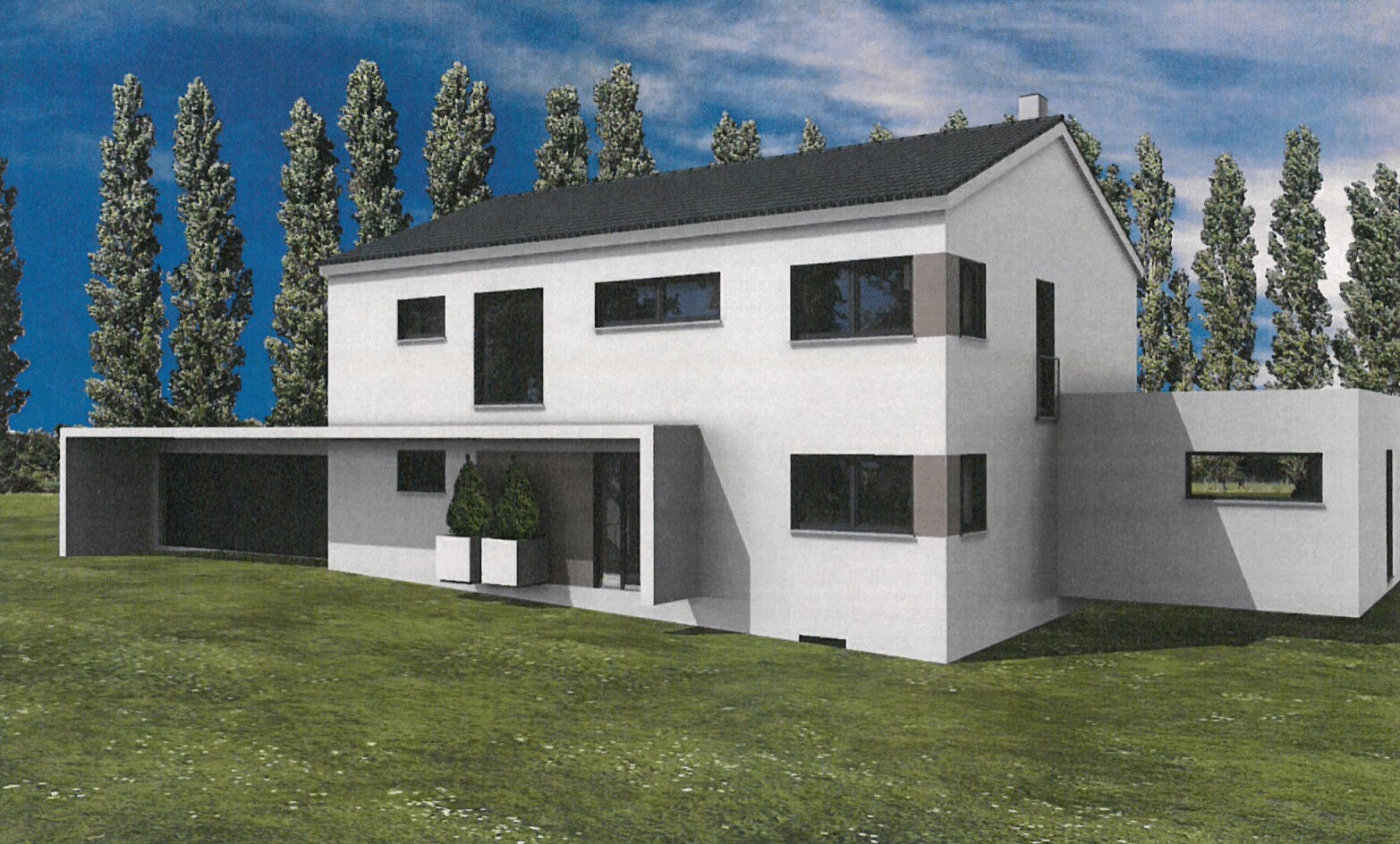 Modern, white detached house with carport, large windows, and green garden.