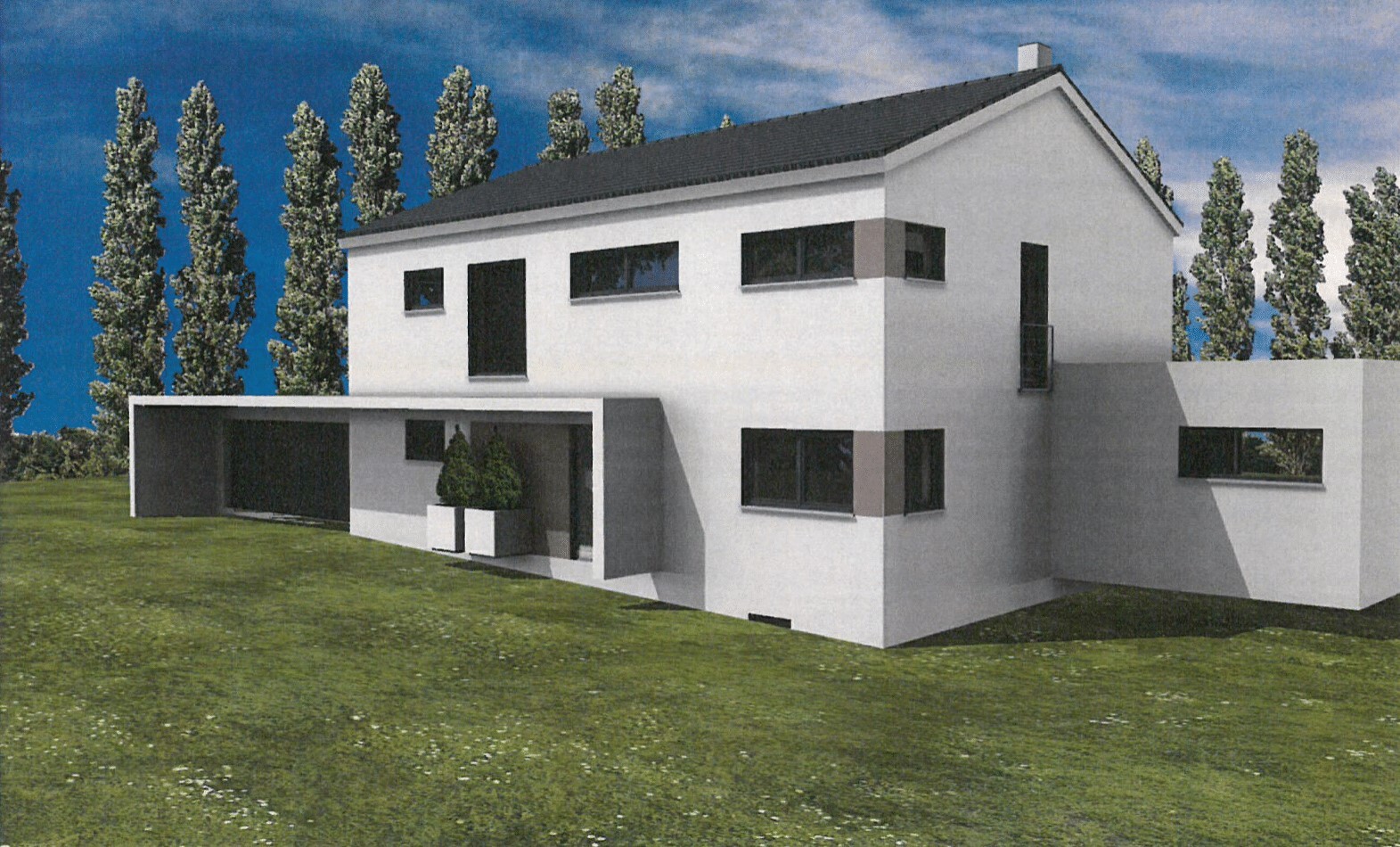 Modern, white two-story house with carport, lawn area, and row of trees behind.