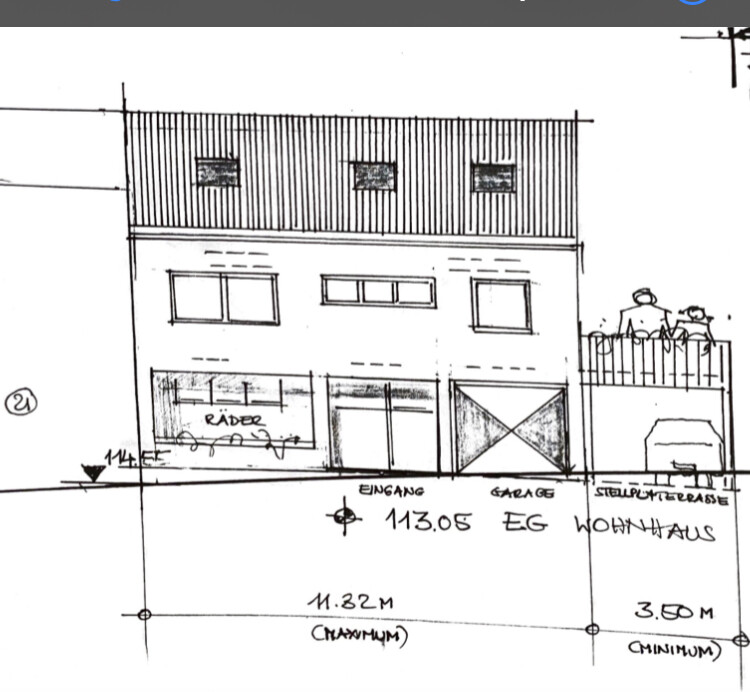 Architectural sketch of a two-story house with entrance, garage, and windows.