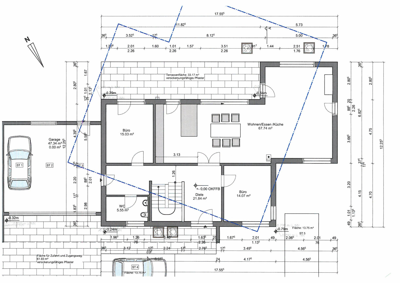 Floor plan of a house: living/dining/kitchen, office, hallway, WC, and garage; blue outline.