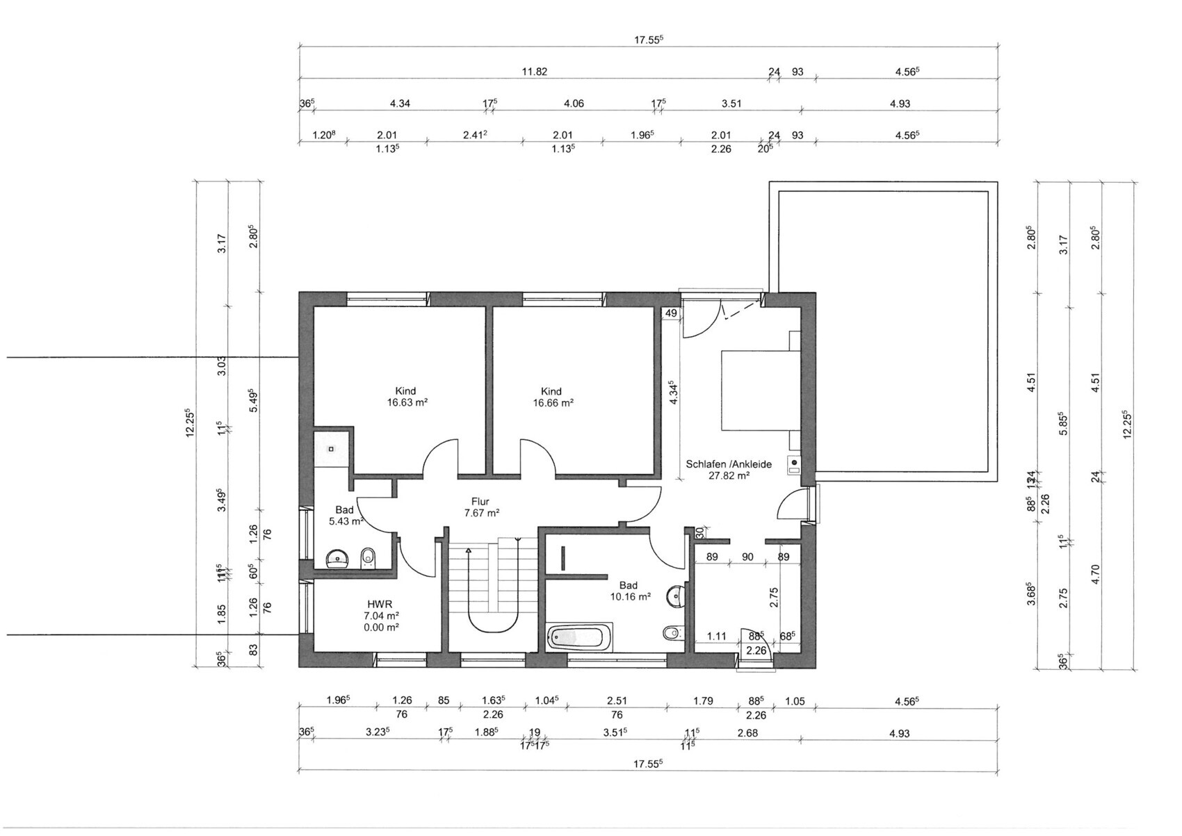 Floor plan of a residential house: two children’s rooms, bedroom with dressing room, two bathrooms, hallway, utility room.