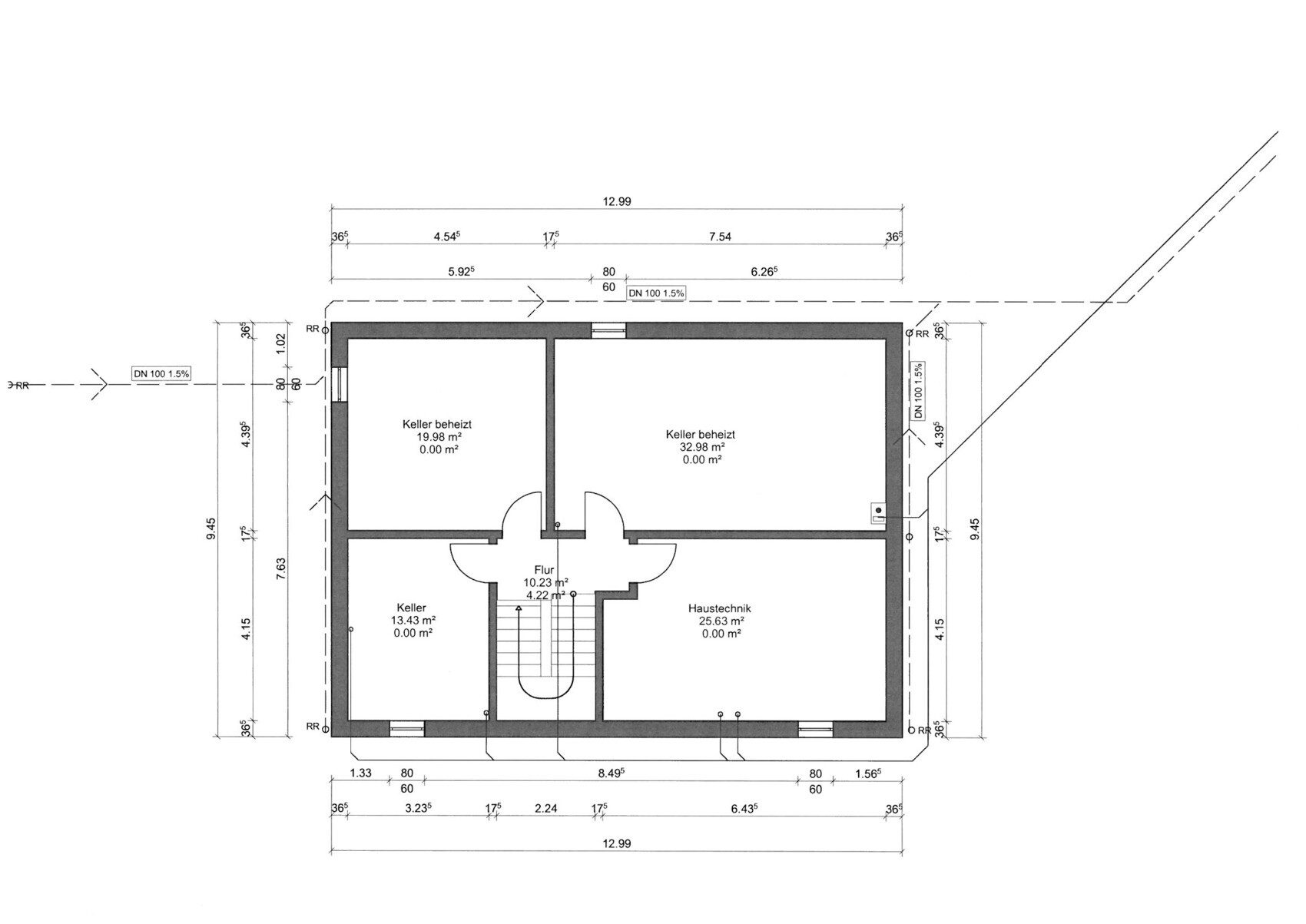 Architectural floor plan of the basement with heated rooms, hallway and staircase.