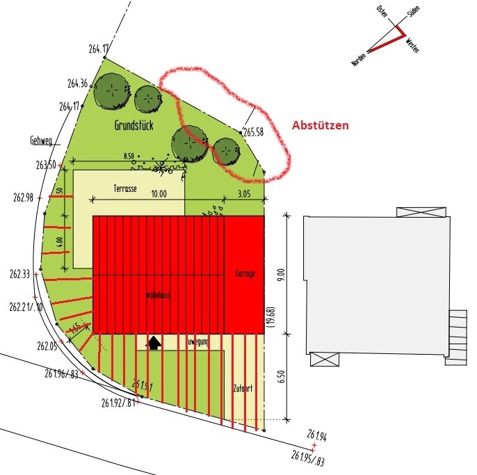 Lageplan eines Grundstücks mit Wohnhaus (rot), Terrasse, Garage, Zufahrt und Gartenflächen