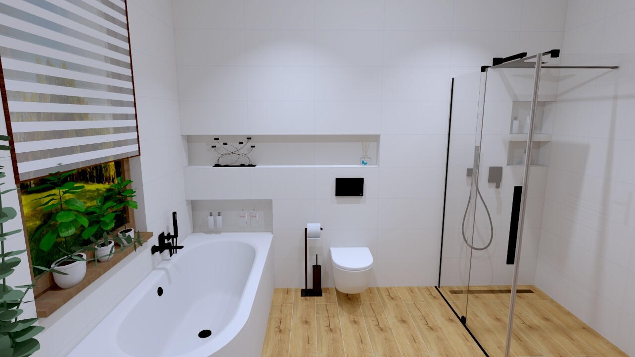 Bright bathroom with bathtub, toilet, glass shower, window with blinds and plants on the windowsill