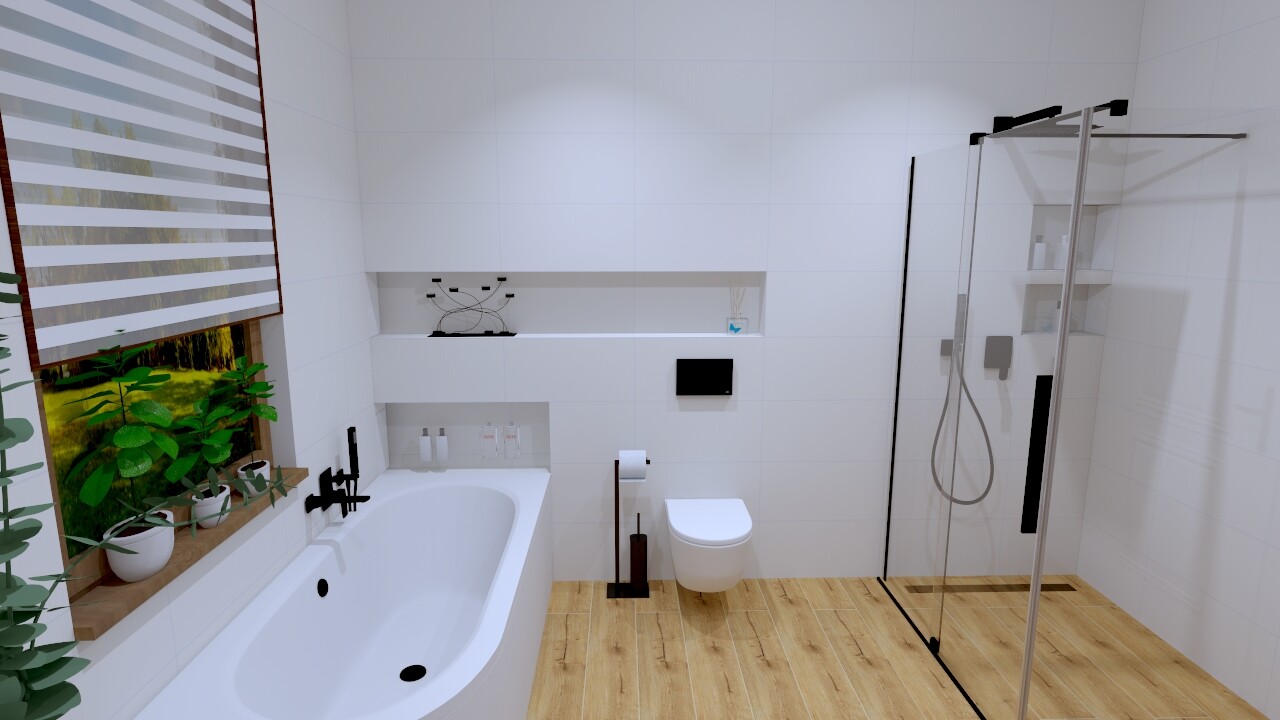 Modern bathroom: corner bathtub on the left, toilet in the middle, glass shower on the right, plants by the window.