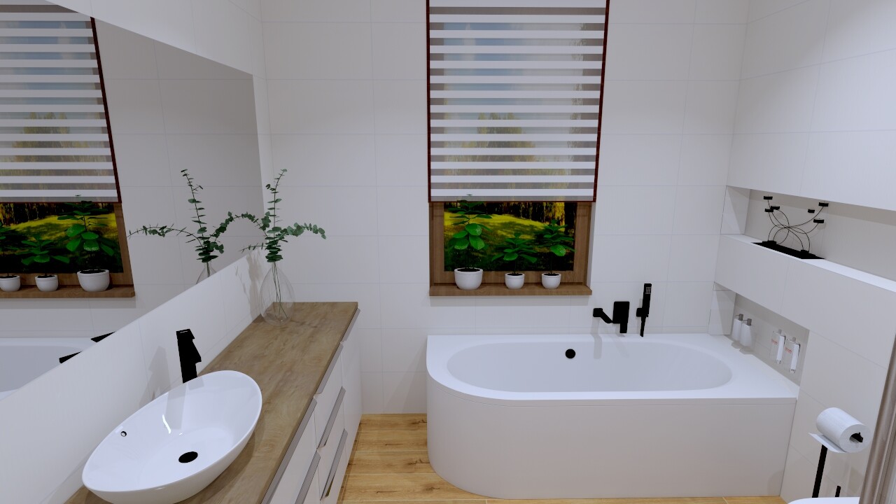 Modern bathroom with freestanding bathtub, wooden vanity, window with plants, wooden floor.