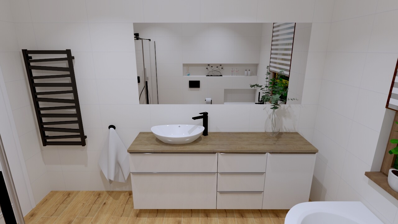 Bathroom with white vanity, round basin, black faucet, mirror, plant, wooden floor