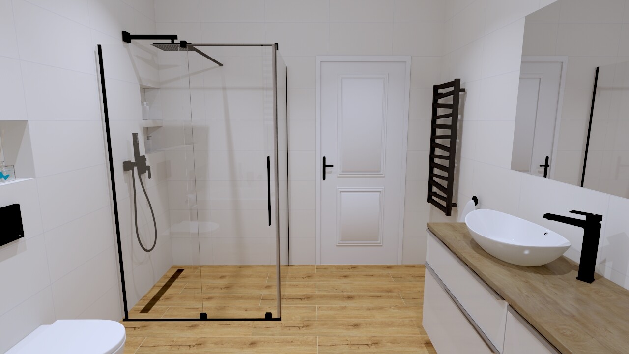 Modern bathroom with glass shower, oval basin on a wooden countertop, and black faucet.