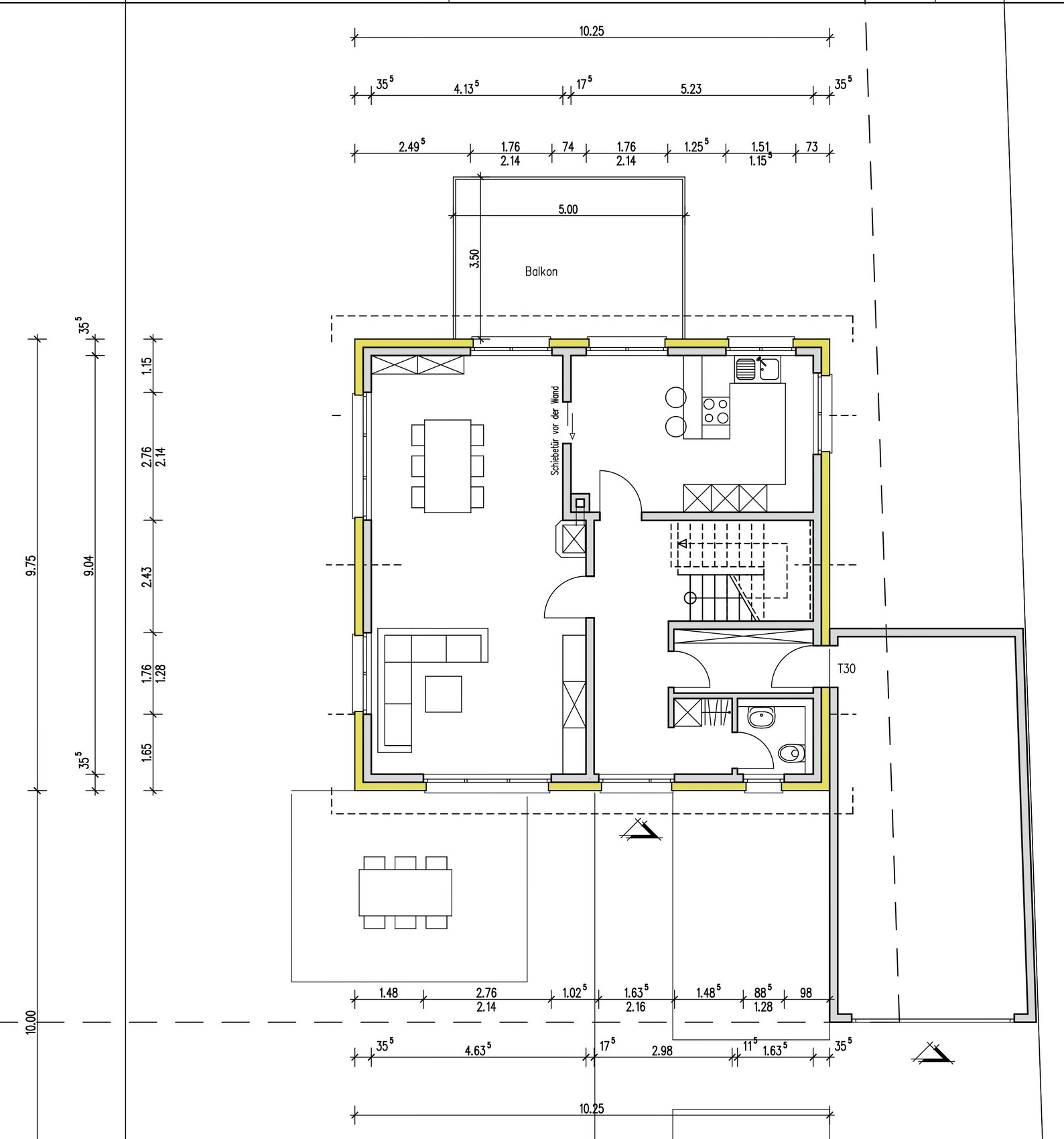 Grundriss eines Hauses mit offener Küche, Essbereich, Wohnzimmer und Balkon