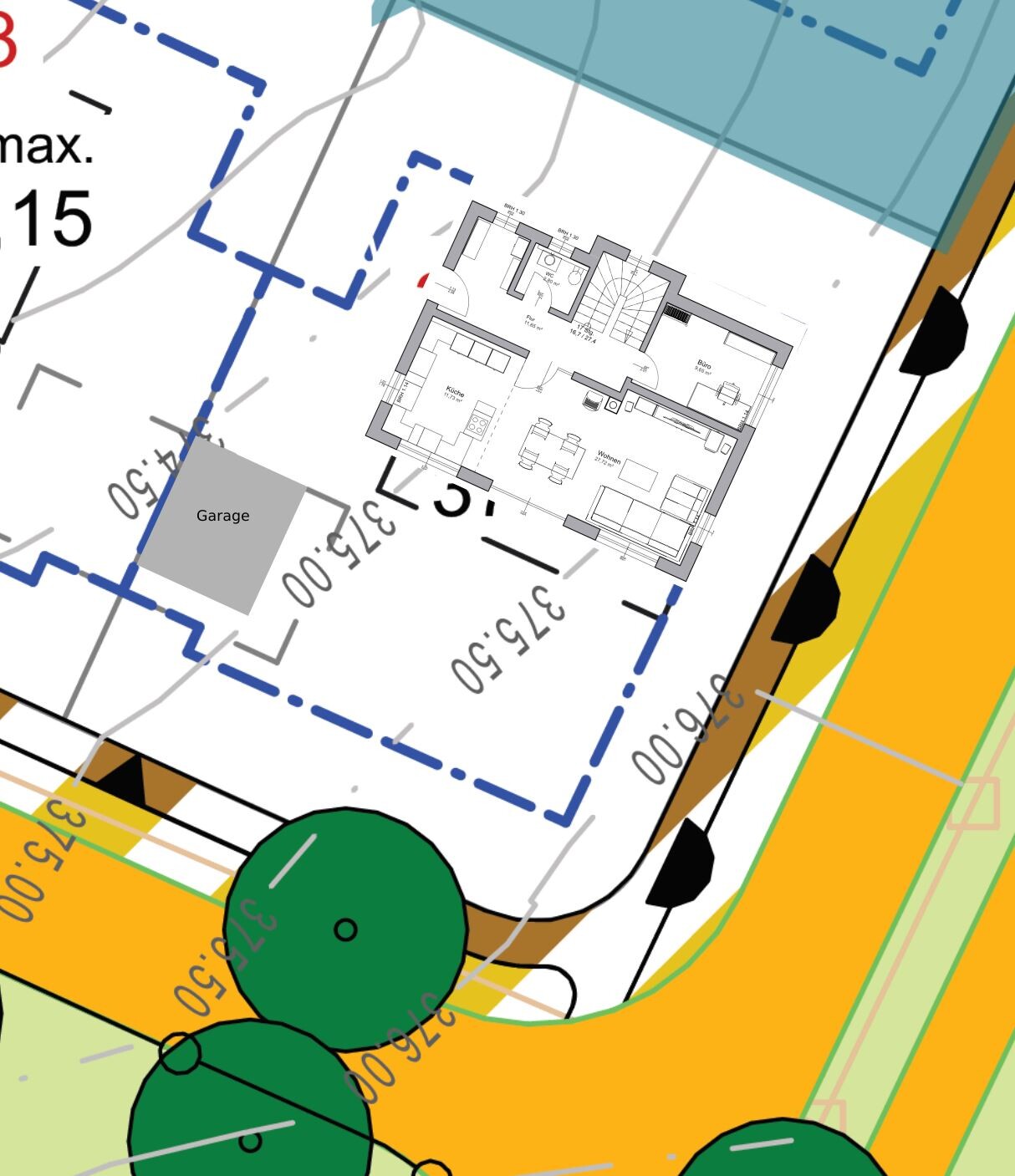 Floor plan of a house with kitchen, living room, office and garage; blue outline of the plot.