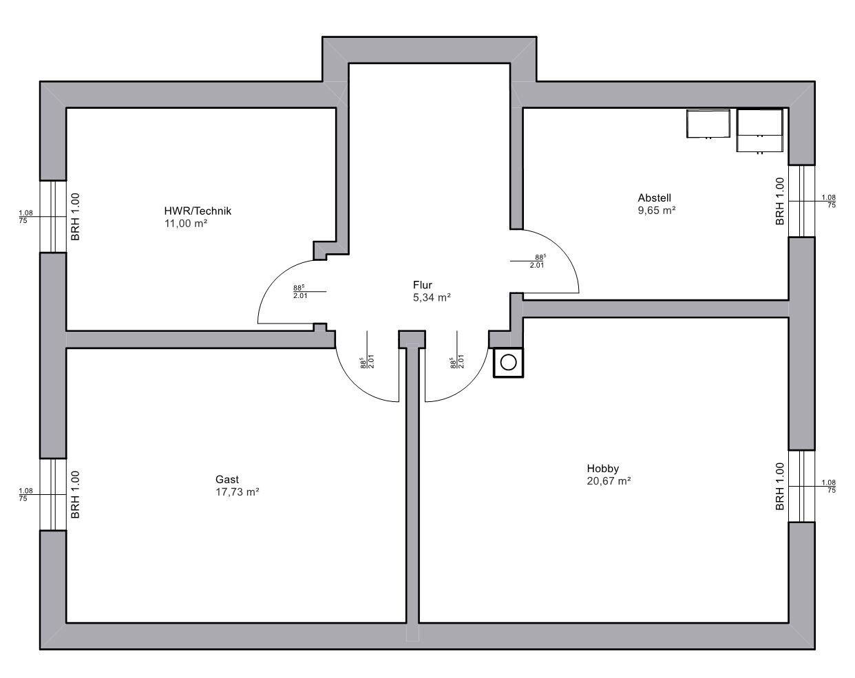 Floor plan of a house with central corridor and rooms: utility/technical, storage, guest, hobby.