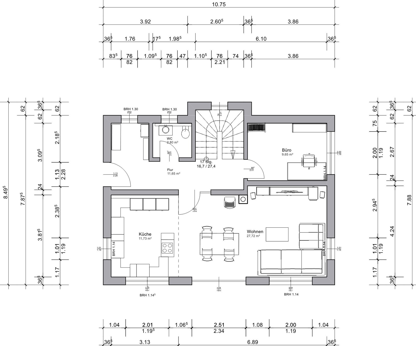 Detailed ground floor plan: kitchen, living room, office, corridor, WC, staircase.