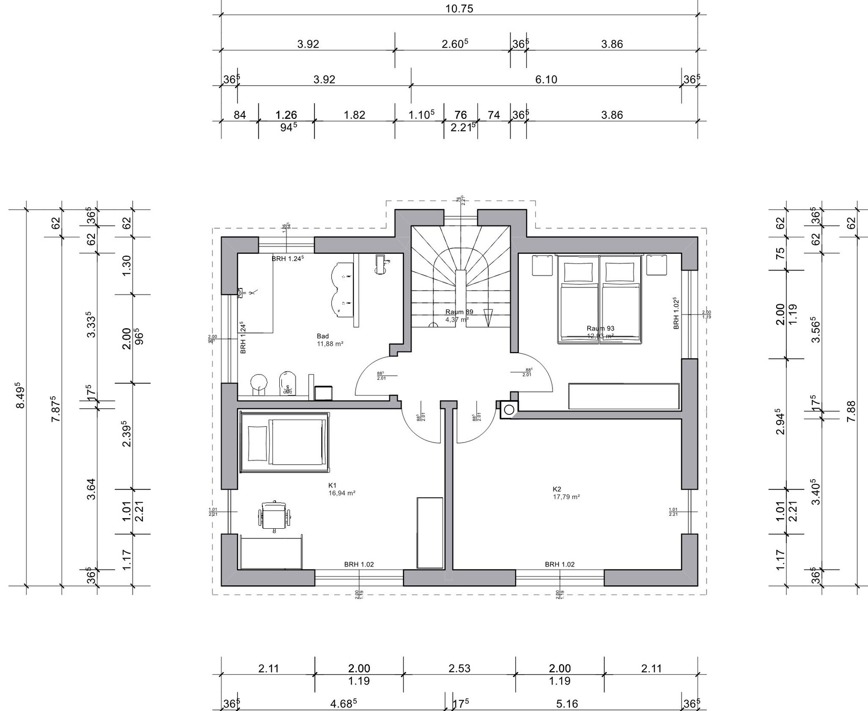 Floor plan of a house: stairwell in centre, bathroom left, two bedrooms right, living area below.
