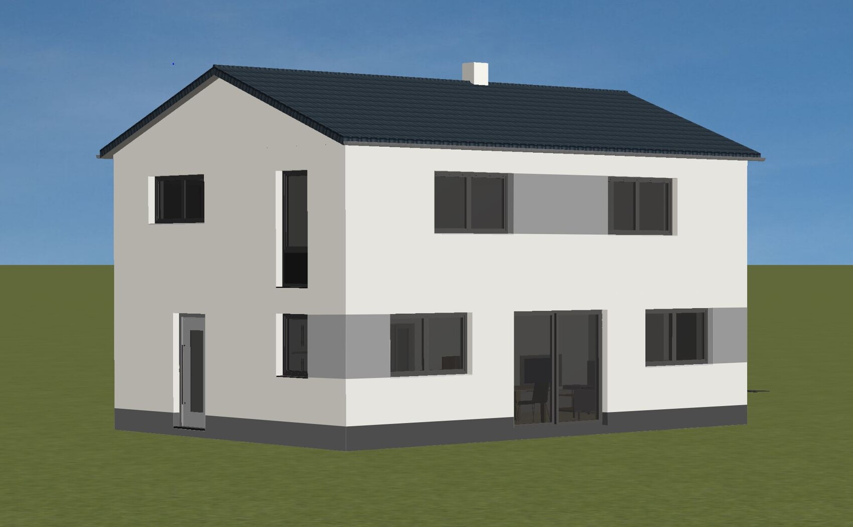 Modern two-story house with dark roof, white and gray facades, large windows on lawn.