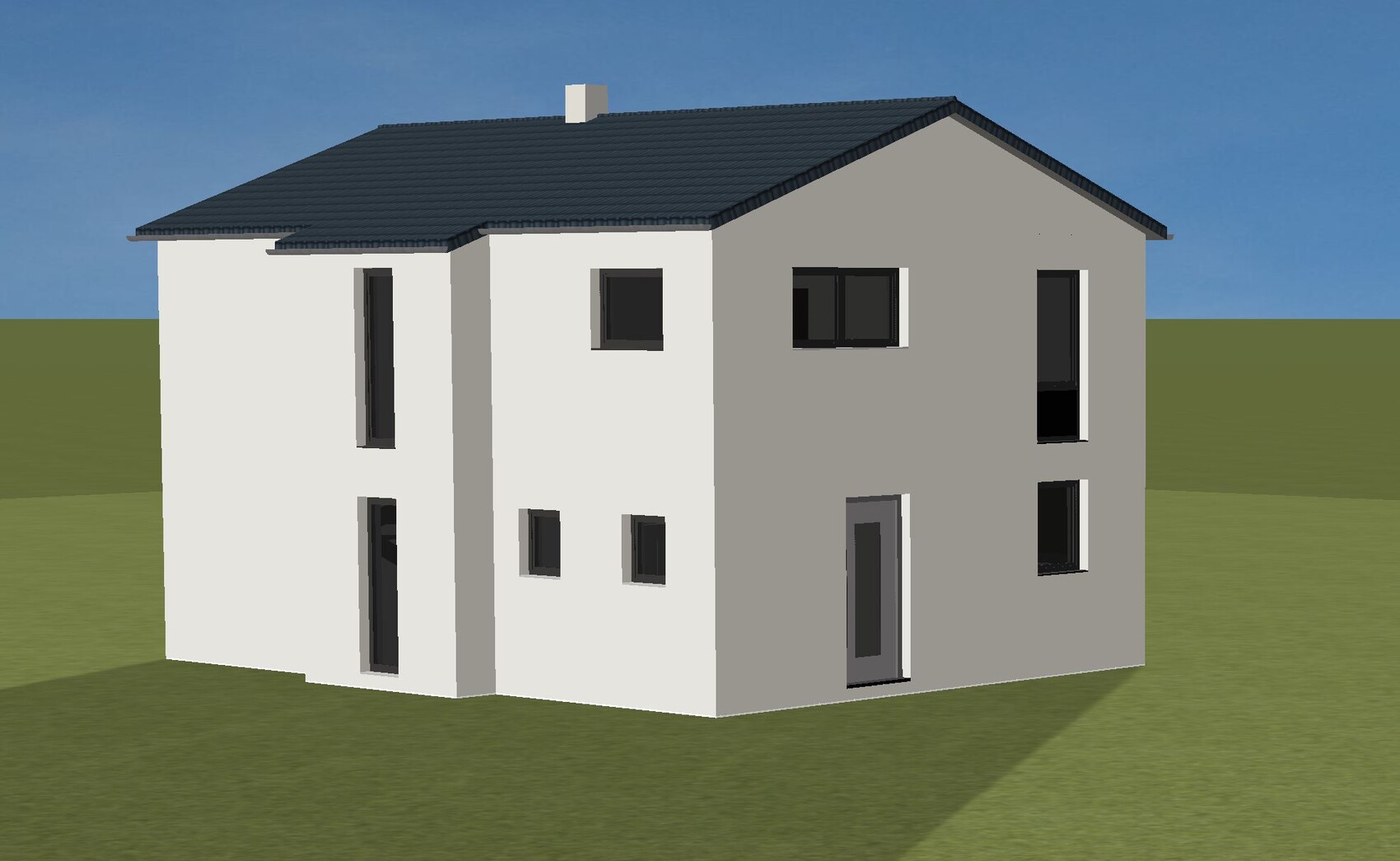 Modern split-level house, white and gray façade, dark tiled roof, green courtyard.