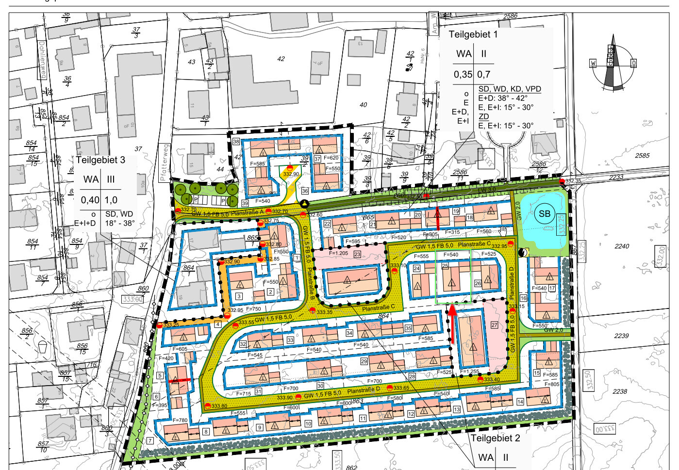 Detailed zoning plan of a residential area with street network, buildings, green spaces and compass.