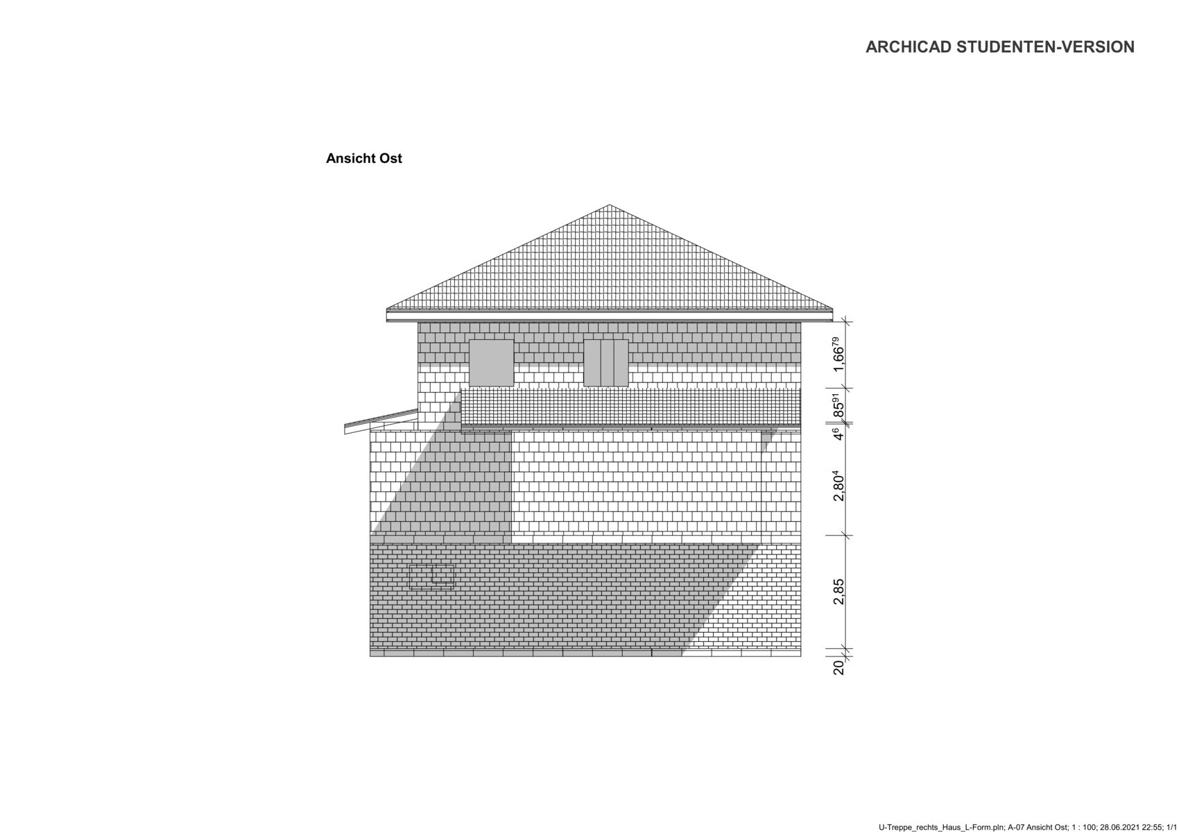 East view of a two-story brick house with roof tiles, windows, and dimension lines.