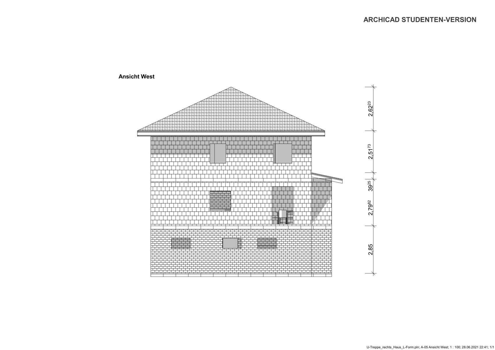West view of a two-story brick house with gable roof and windows