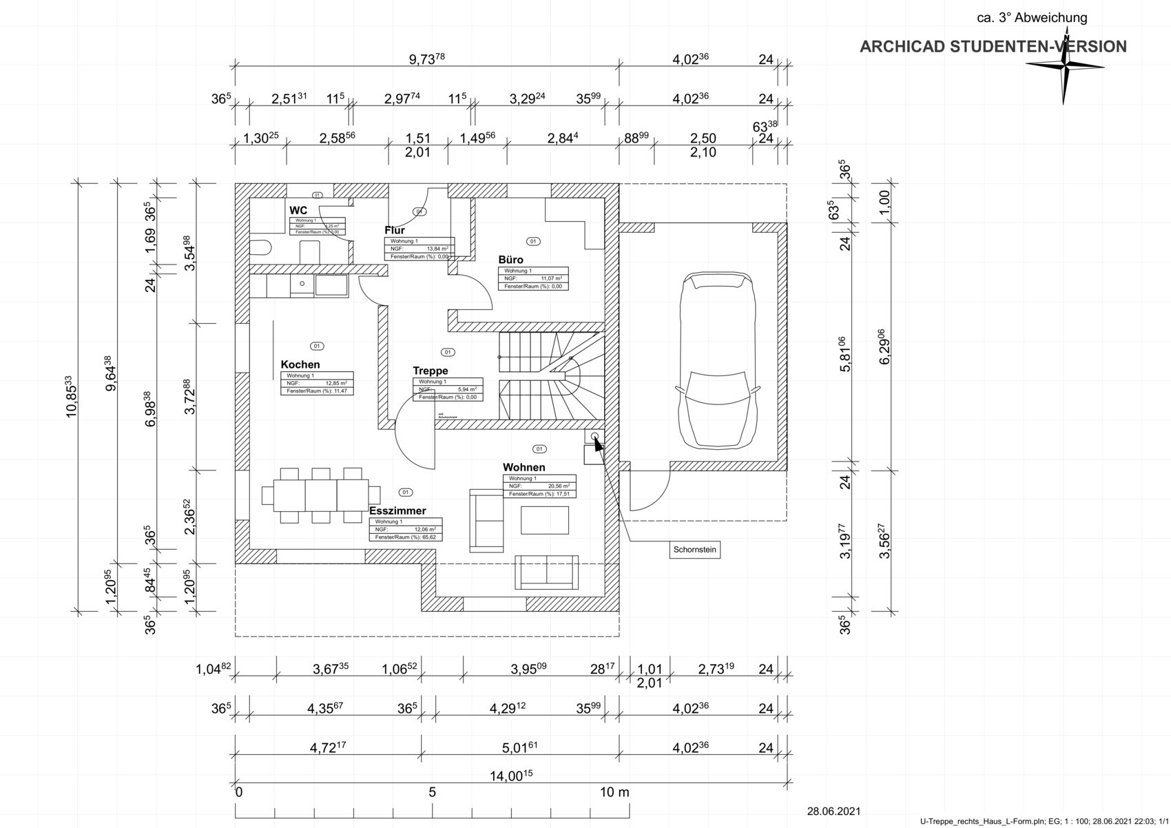 Floor plan of a house: rooms kitchen, dining room, living, office, hallway, WC, staircase, garage with car.