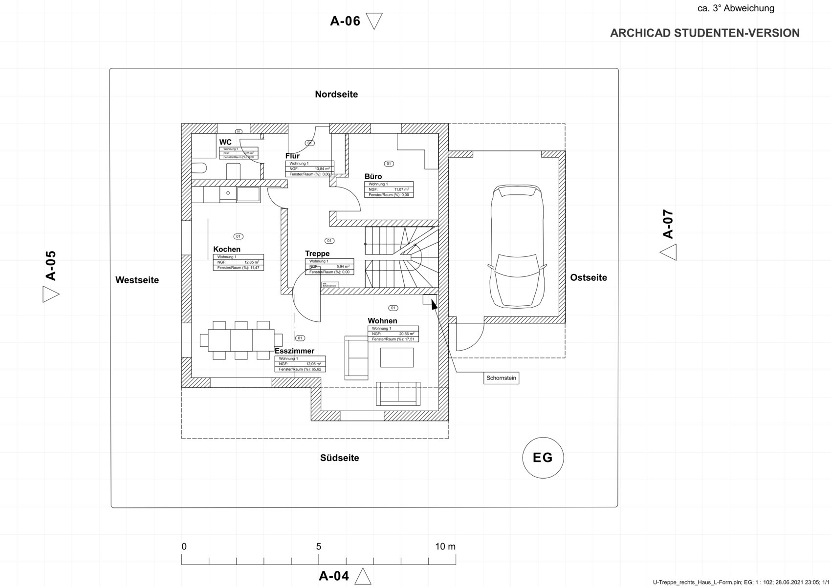 Ground floor plan: kitchen, dining, living room, office, hallway, stairs, garage with car.