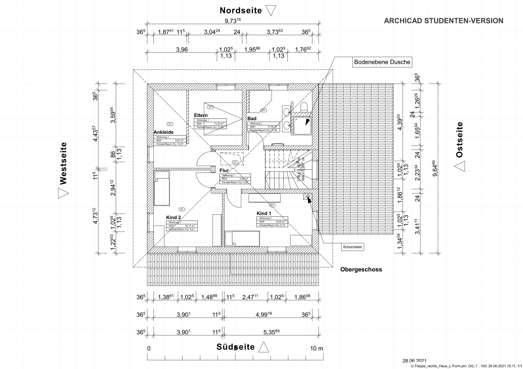 Upper floor plan with master and children’s bedrooms, bathroom, hallway, dressing room, staircase