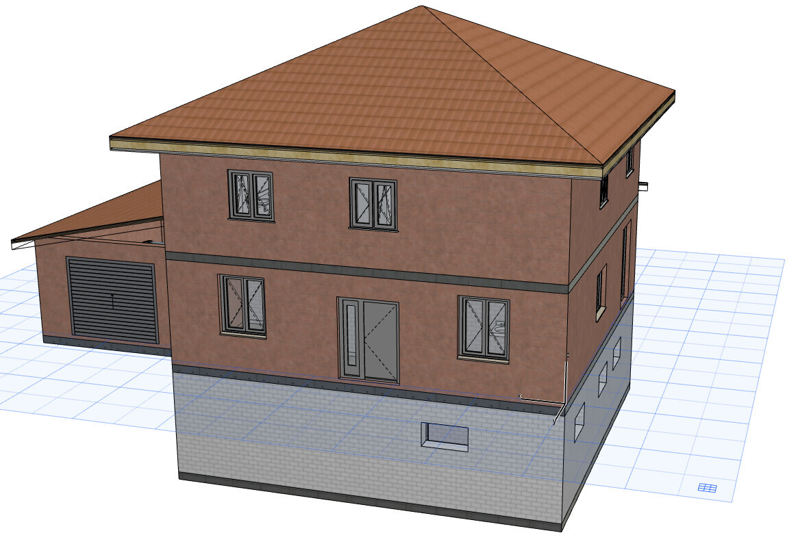 Two-story house with brown brick walls, red tiled roof, garage on the left and gray foundation