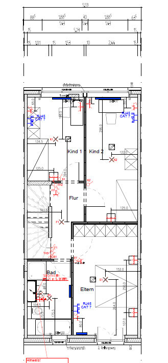 Floor plan of a house: hallway connects parents, child 1, child 2, and bathroom.