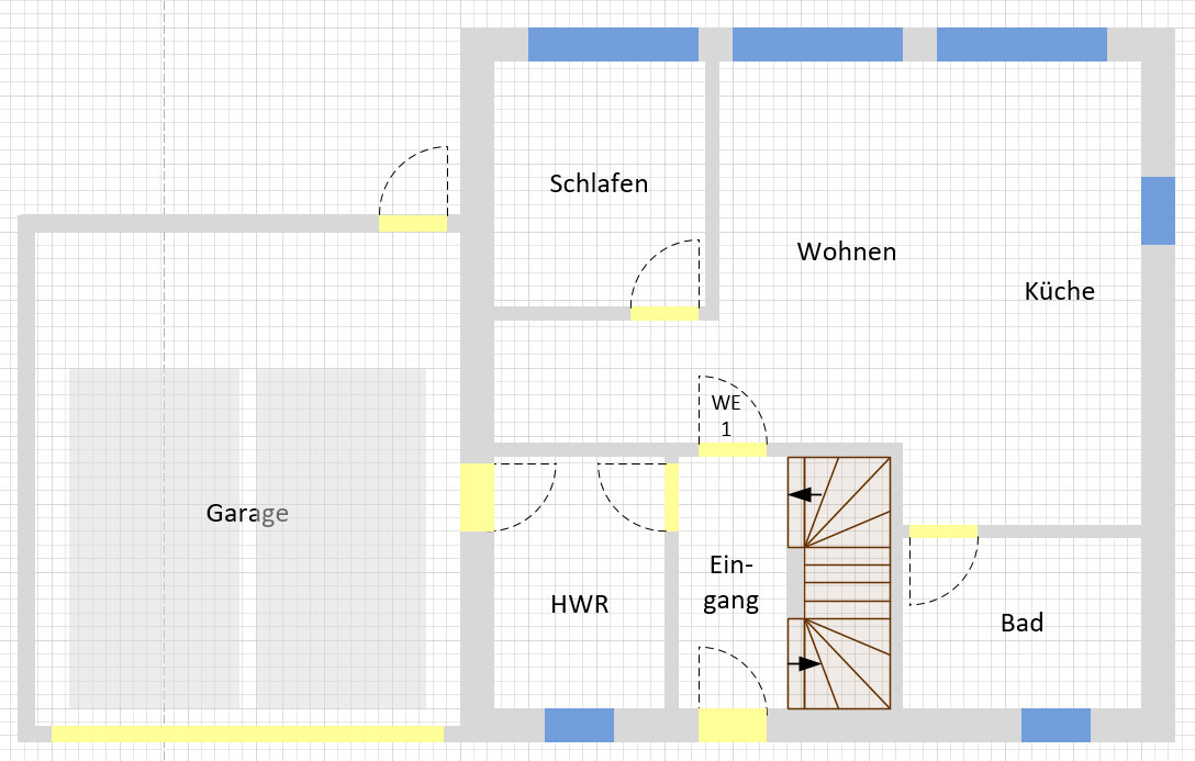 Floor plan of a house with sleeping area, living room, kitchen, bathroom, utility room, garage, and entrance.