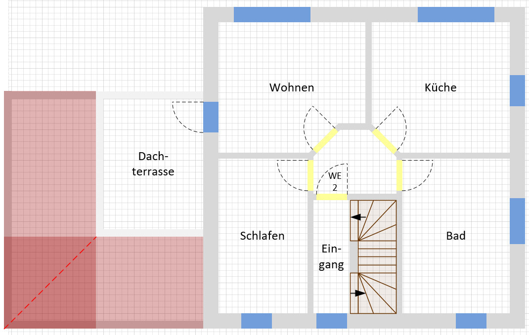 Floor plan of a house: living room, kitchen, bedroom, bathroom, entrance, roof terrace, and stairs.