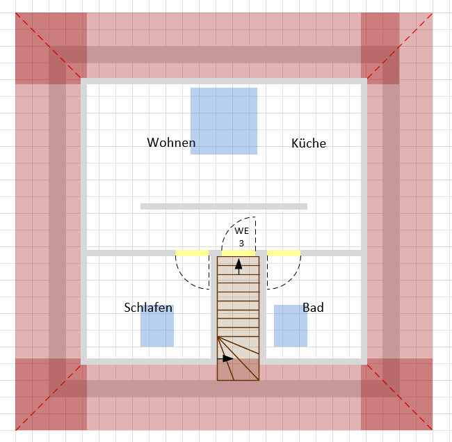 Floor plan of a house with central staircase; upper rooms: living/kitchen, lower rooms: sleeping/bathroom.
