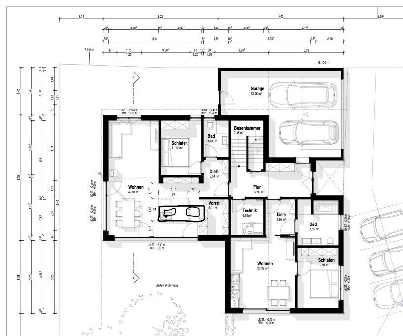 Floor plan of a house with a garage (2 parking spaces), living room, kitchen, 2 bedrooms, bathroom, hallway.