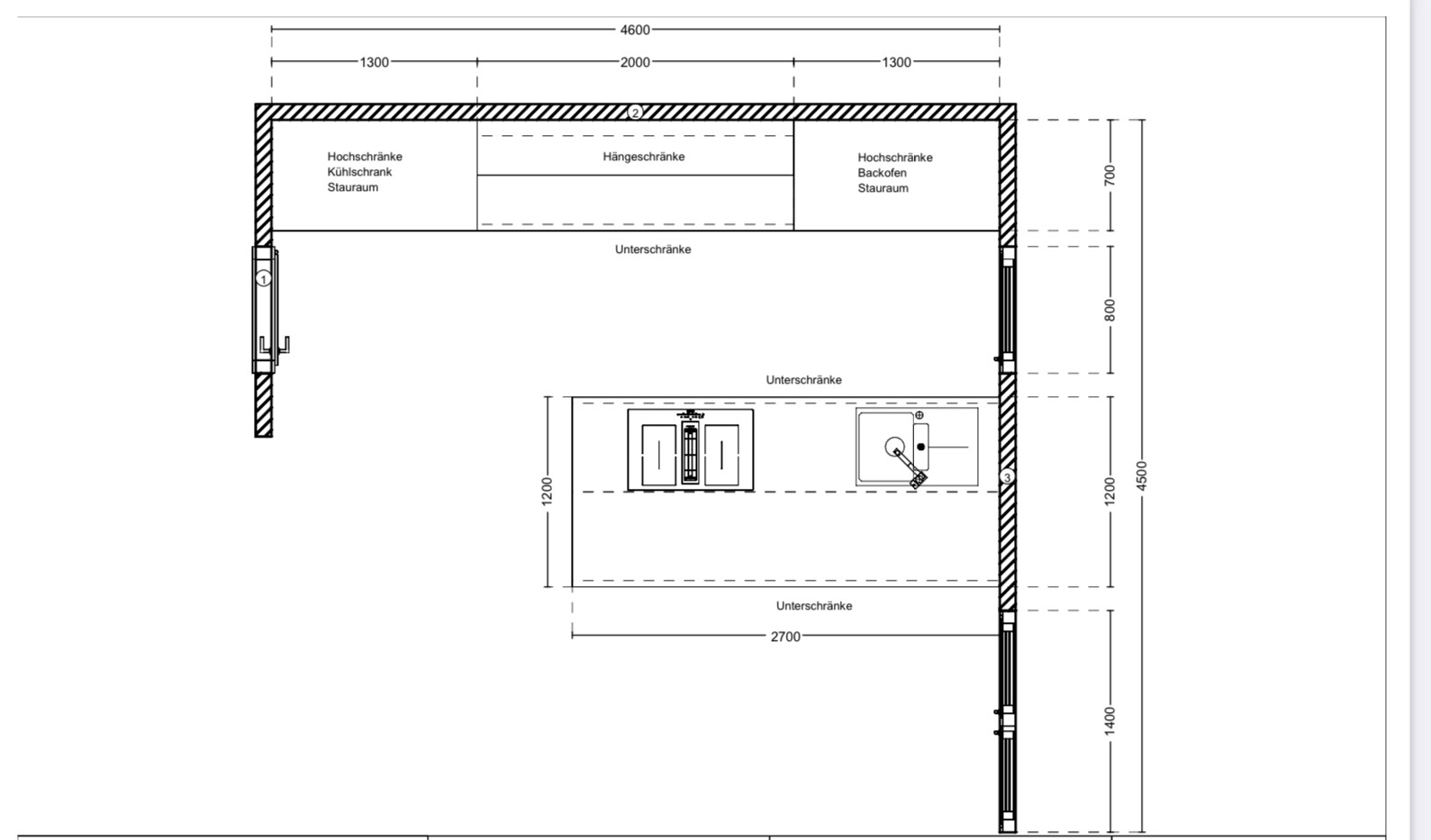 Kitchen floor plan with sink, cooktop, refrigerator, and tall cabinets.