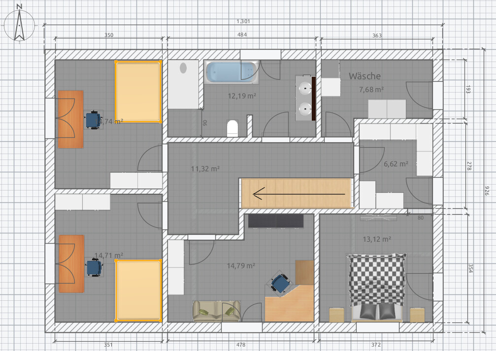 Floor plan of an apartment with several bedrooms, bathroom, laundry room, and living room.