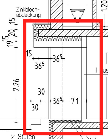 Technical floor plan of a house with dimensions and red marking