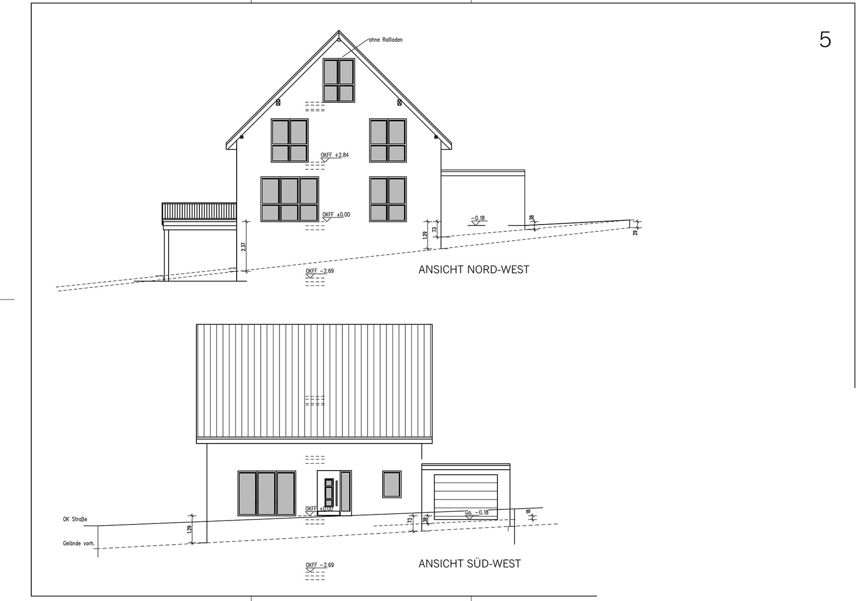 Architectural drawing of a house with northwest and southwest views, roof and windows.