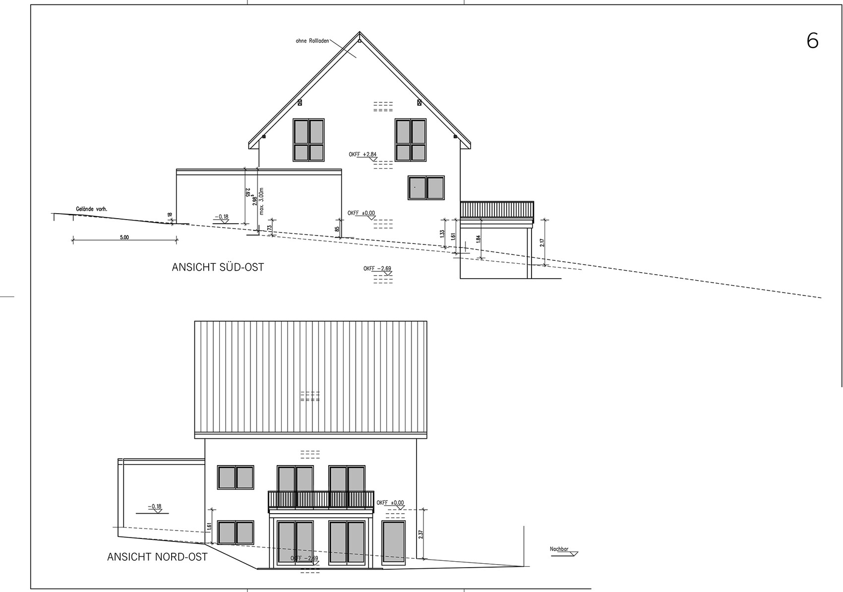Two house elevations: southeast and northeast views with roof and windows.