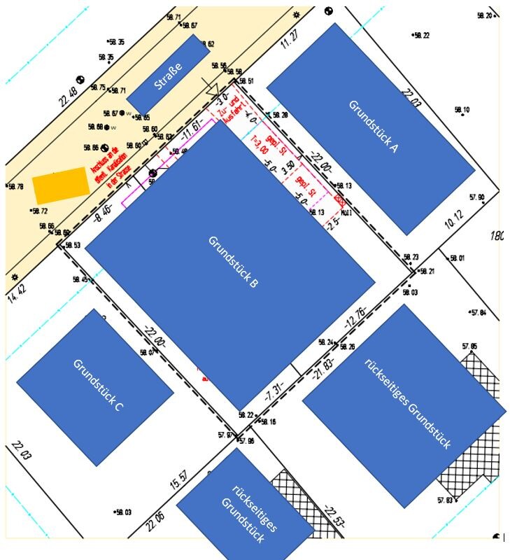 Site plan: Blue areas A, B, C, and rear property next to the street.
