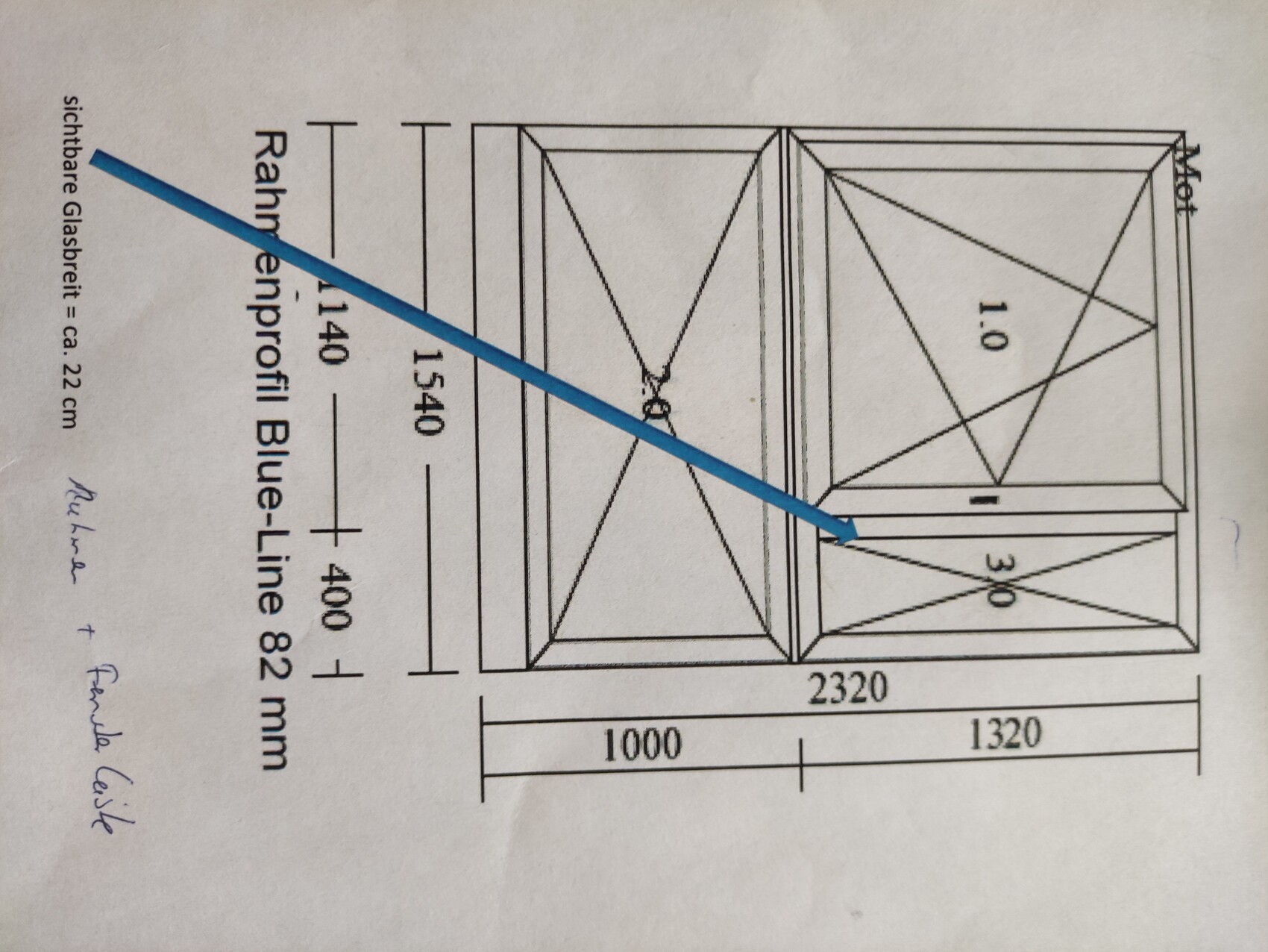Technical drawing of a cabinet with cross braces, dimensions 2320 mm width, blue diagonal.