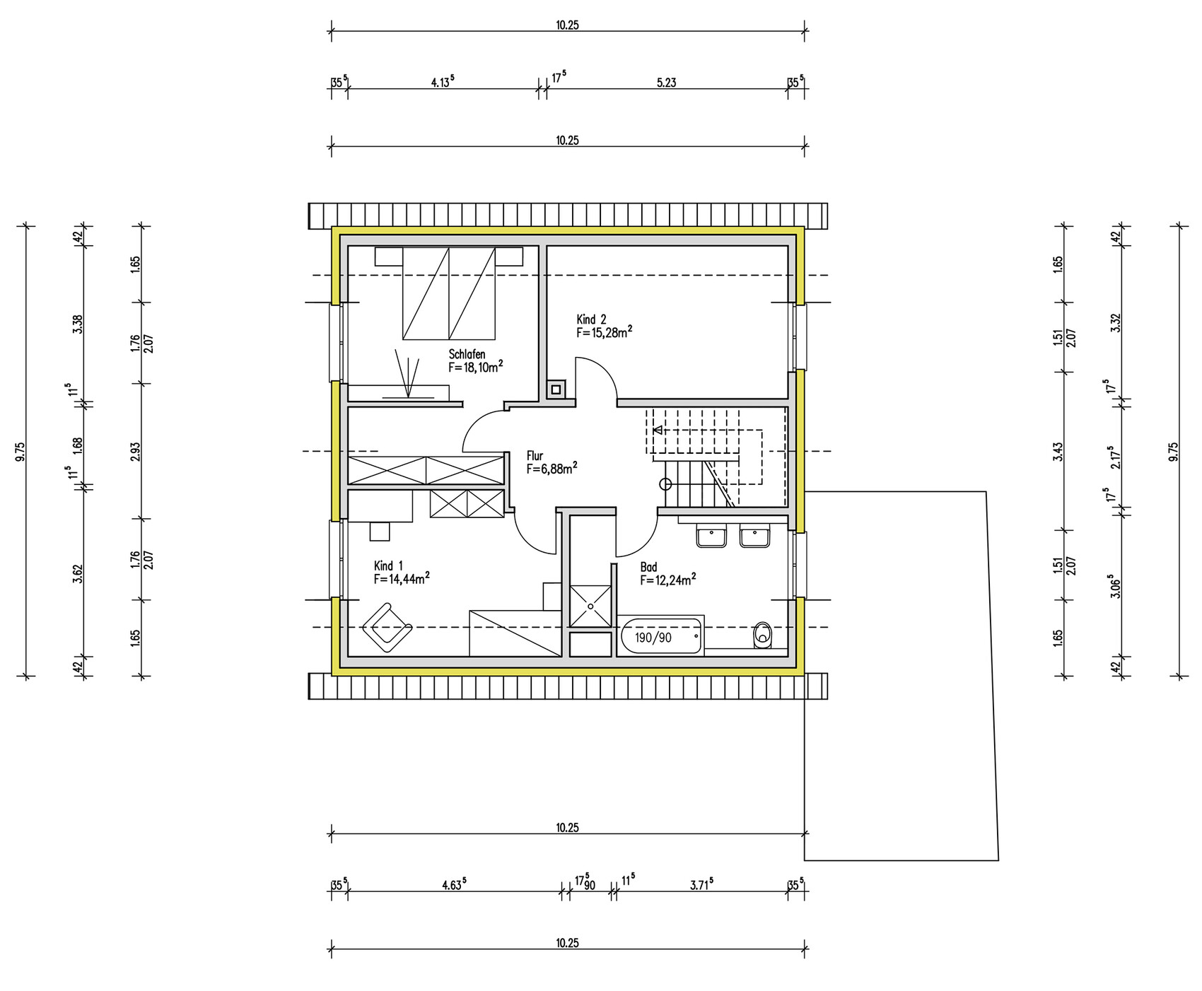 Upper floor plan with two children’s rooms, bedroom, and bathroom.