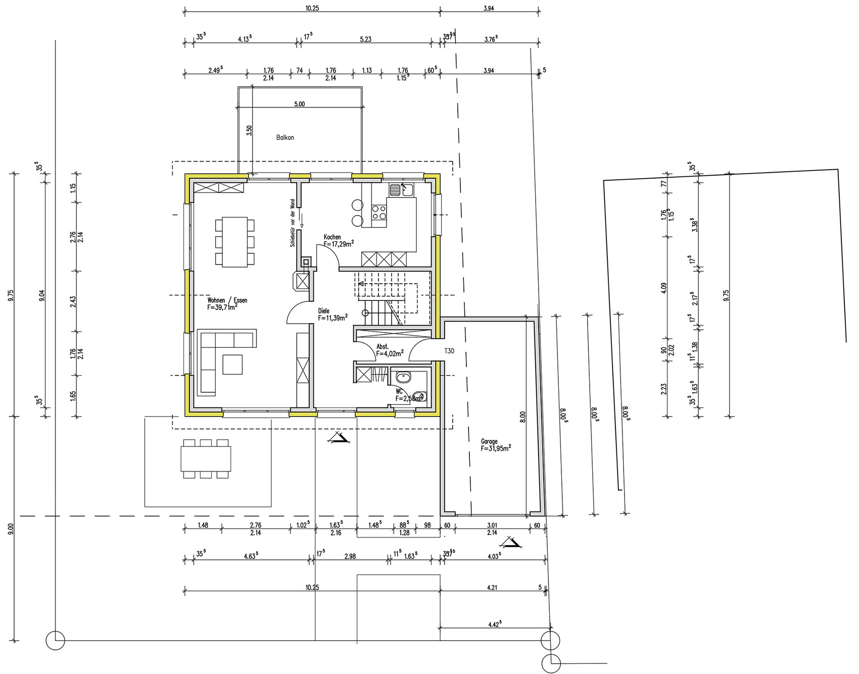 Detailed ground floor plan with kitchen, living room, hallway, and garage.