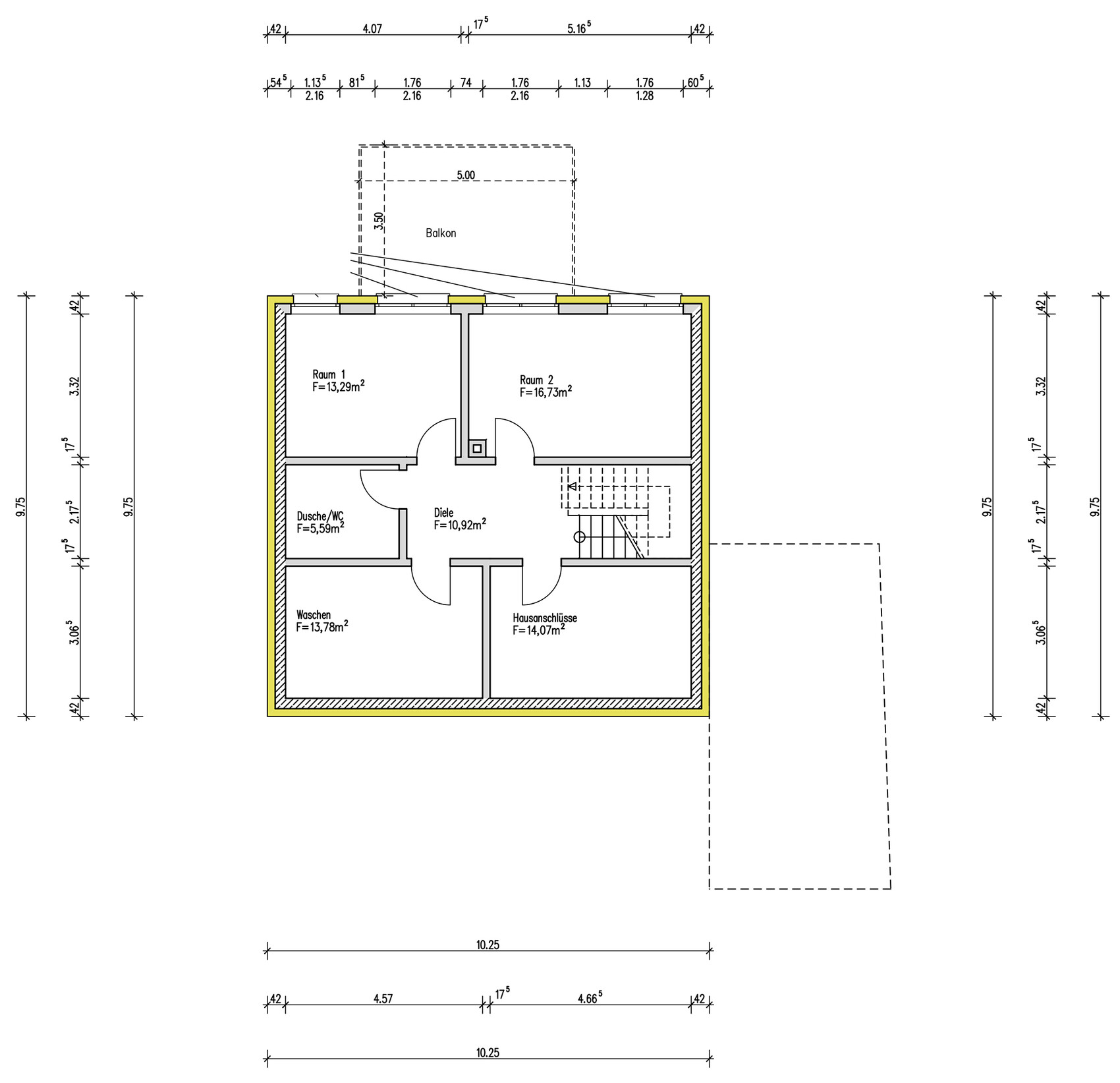 House floor plan, upper floor, hallway, 2 rooms, balcony.