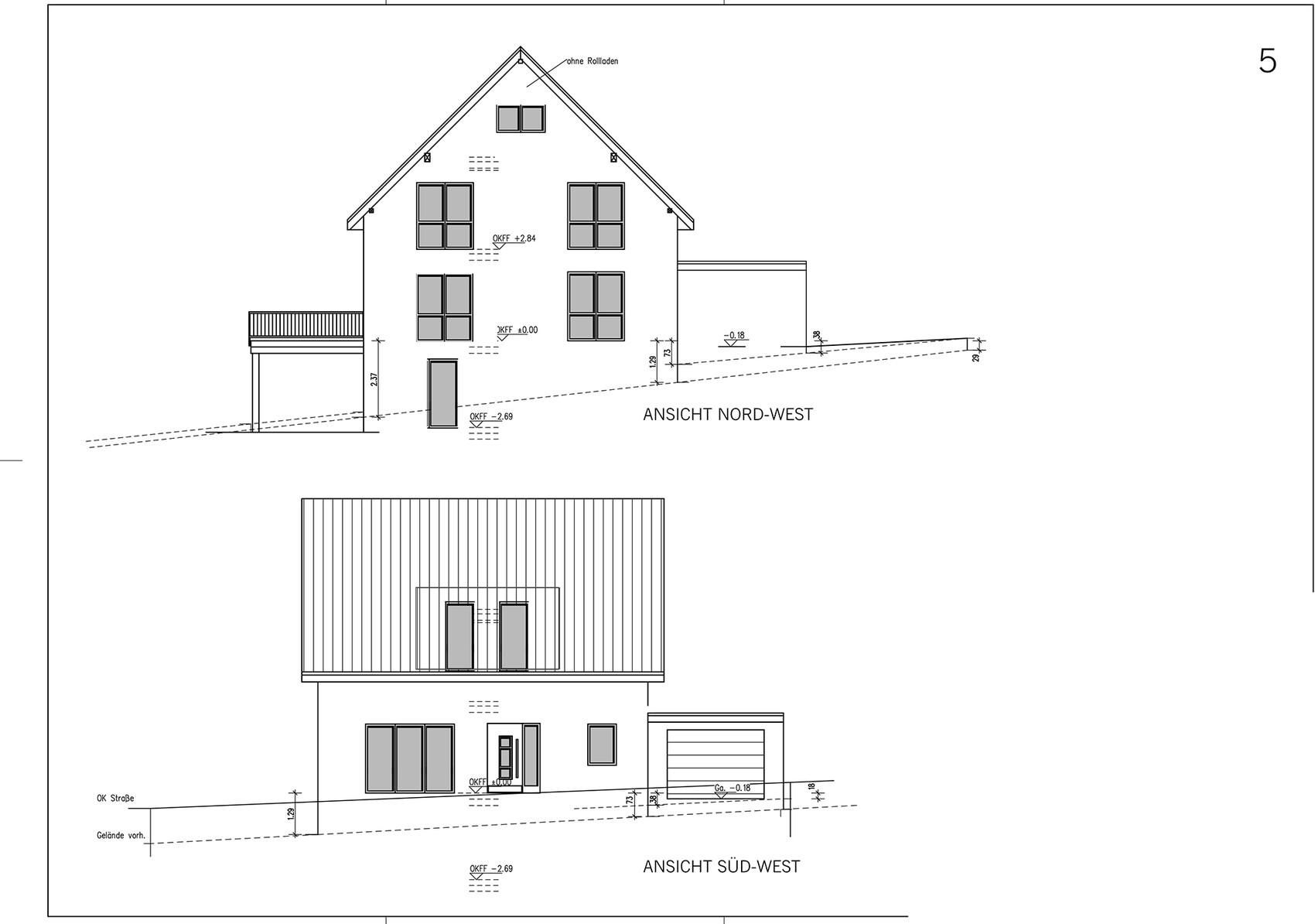 Architectural drawing of a house with roof and windows, northwest and southwest elevations.