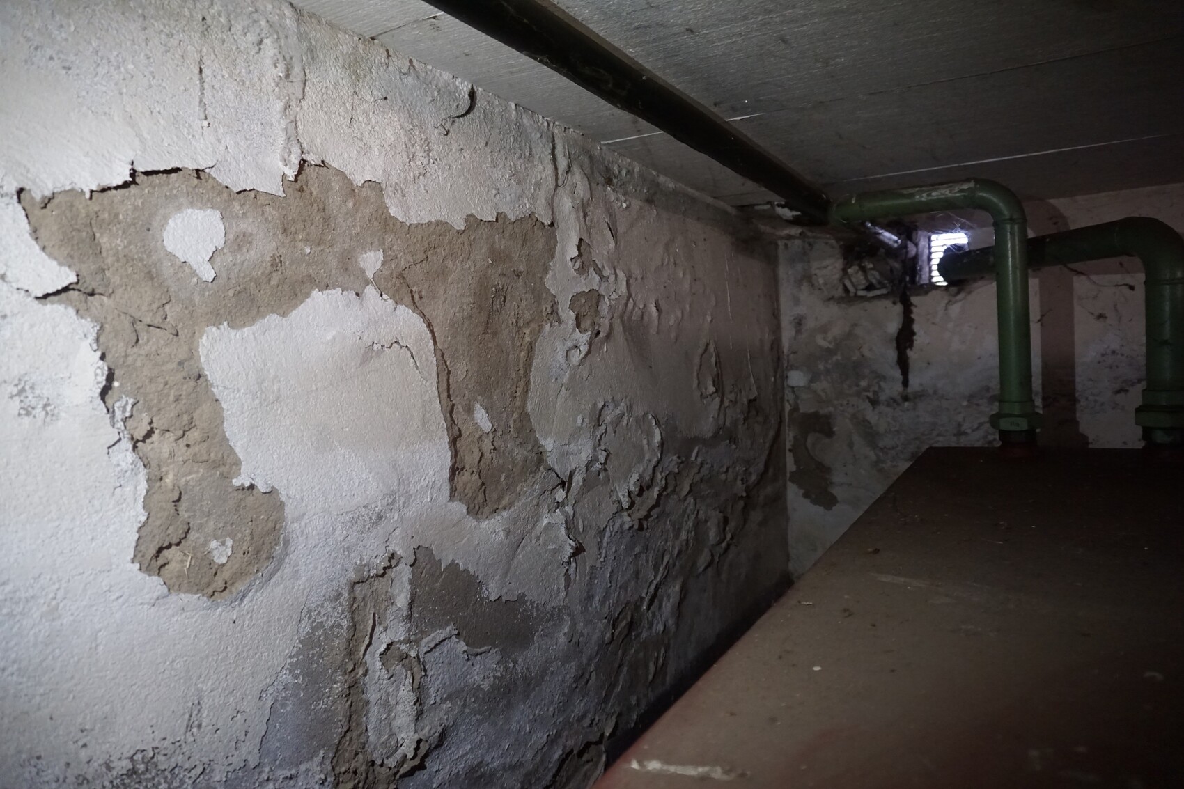 Basement wall with flaking plaster, damp surface; green pipes in background.