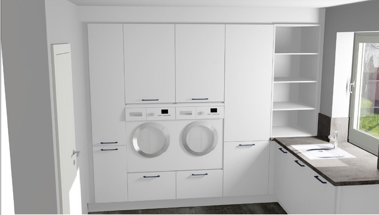 White kitchen with two front-loading washing machines, sink and open shelves