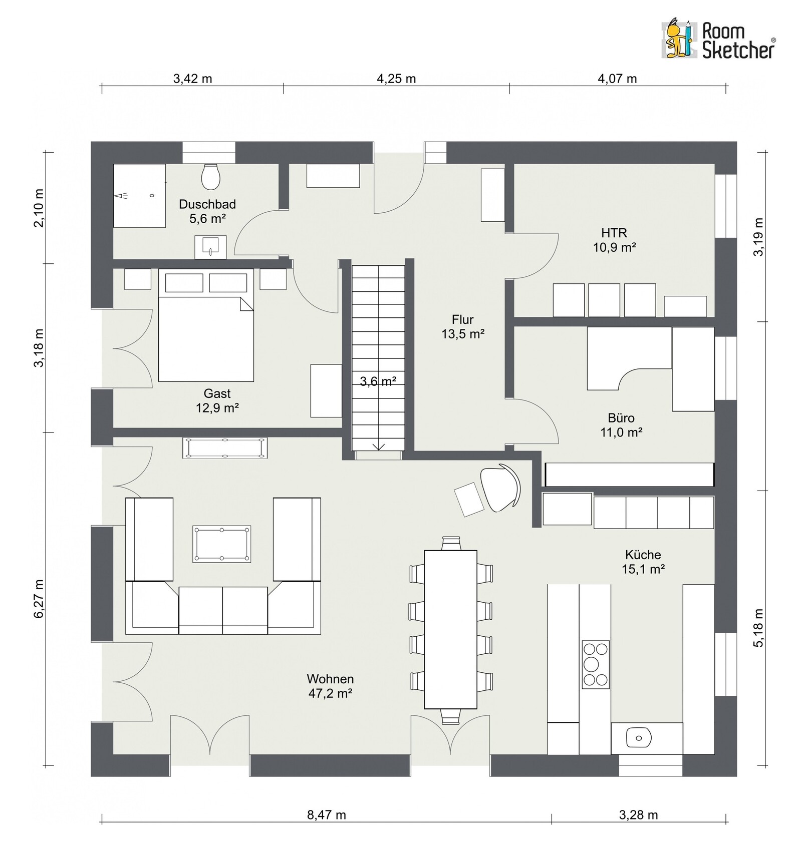 Grundriss eines Hauses mit Wohnzimmer, Küche, Gästezimmer, Büro, Duschbad und Flur.