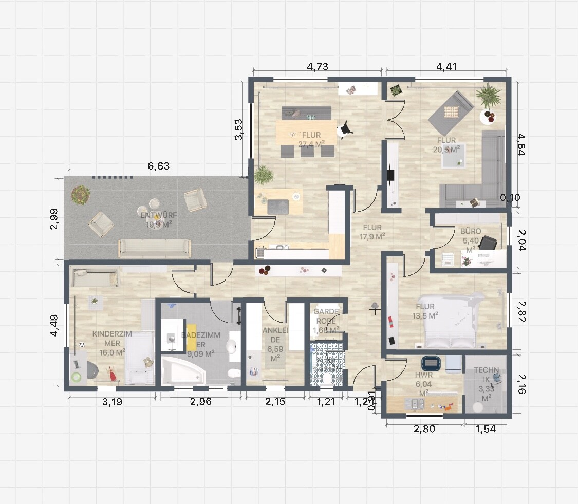 2D floor plan of a house with living room, kitchen, bathroom, bedroom, terrace, and garden