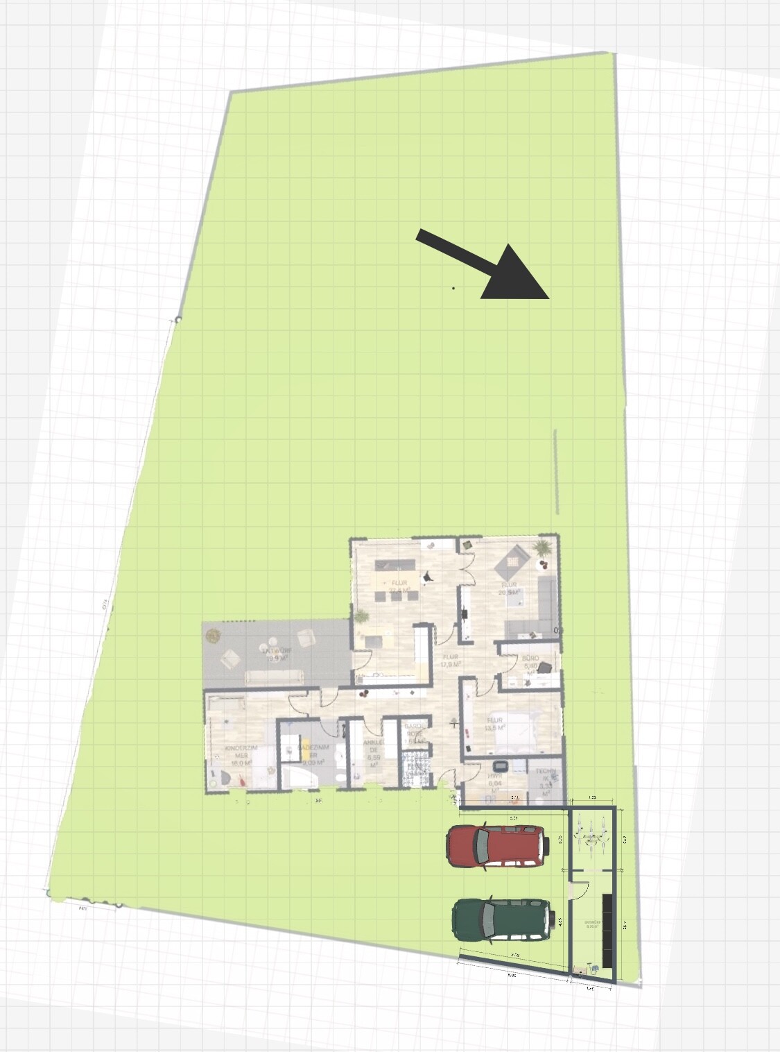Floor plan of a residential house on a large garden plot; double garage with two cars.