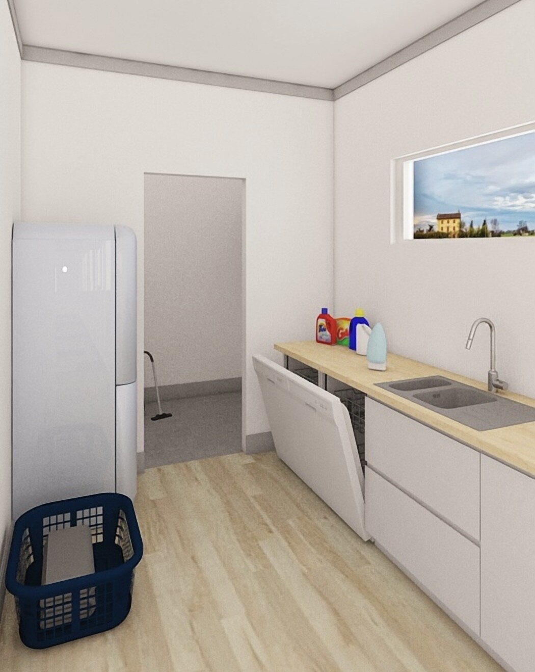 Modern kitchen with sink, dishwasher, detergent on countertop, blue laundry basket.